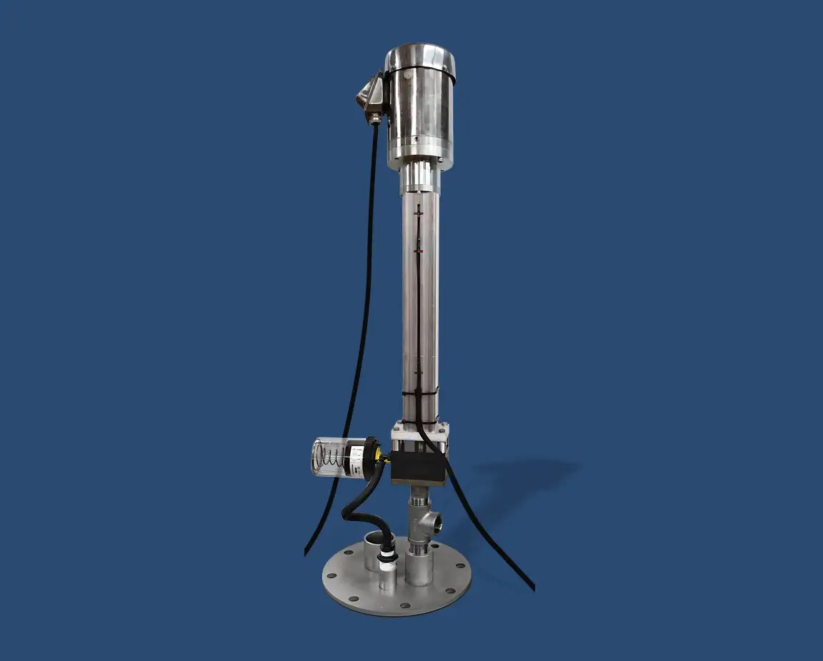 An industrial stainless steel vertical top-head drive pump with attached cables standing on a flat, circular base. The pump features a cylindrical motor housing at the top and a long, slender shaft connecting to the base, set against a solid blue background.