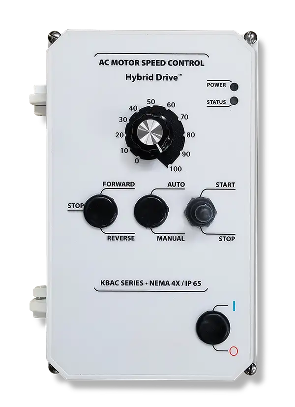 A white AC motor speed control box labeled "Hybrid Drive" includes a central knob for speed settings from 0 to 100. It features forward, reverse, auto, manual controls, a start button, and a stop button. The top right houses the power and status indicators. Ideal for top-head drive pumps.