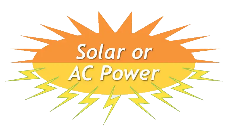 Sunburst design with text "Solar or AC Power" in the middle. The background features bright rays extending outward, with yellow lightning bolts at the bottom, reminiscent of the dynamic energy seen in a top-head drive pump system.
