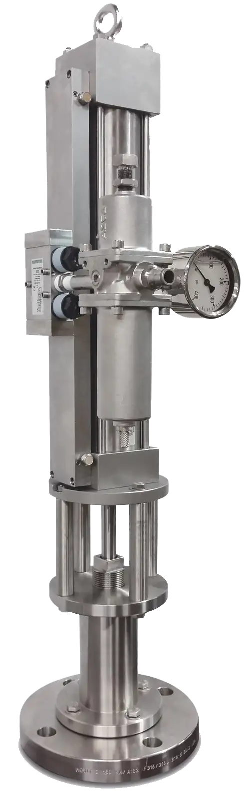 A tall, industrial-grade stainless steel valve actuator with an integrated pressure gauge. Precision-engineered with multiple chambers, bolts, and connections, it also incorporates a top-head drive pump, making it ideal for regulating fluid or gas flow in high-pressure environments.