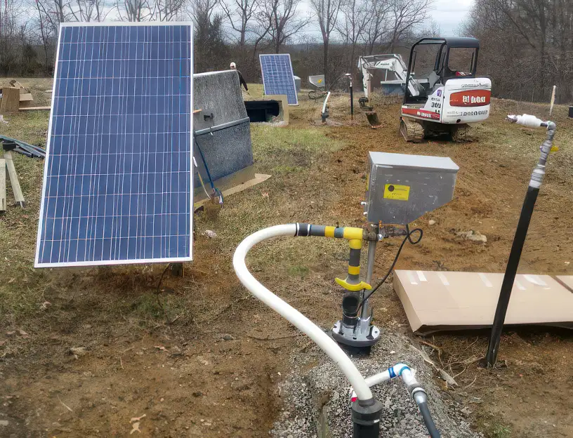 A construction site with solar panels installed on the ground features equipment for water piping, including a top-head drive pump and a control box connected to pipes. A small excavator is in the background. The area is grassy with bare trees in the distance.
