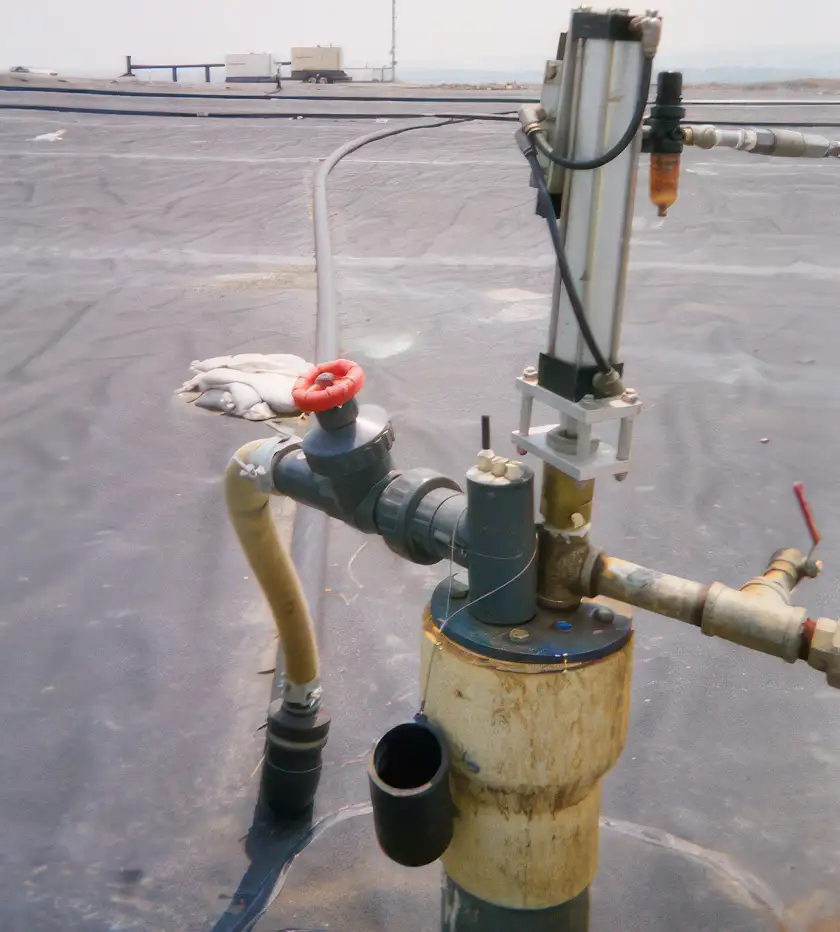 An industrial setup with various pipes, valves, and a mechanical component mounted on a metal surface. A top-head drive pump is interconnected with the red-handled valve and several hoses, while an open cylinder hangs near the bottom. The background features a broad, flat surface under clear skies.