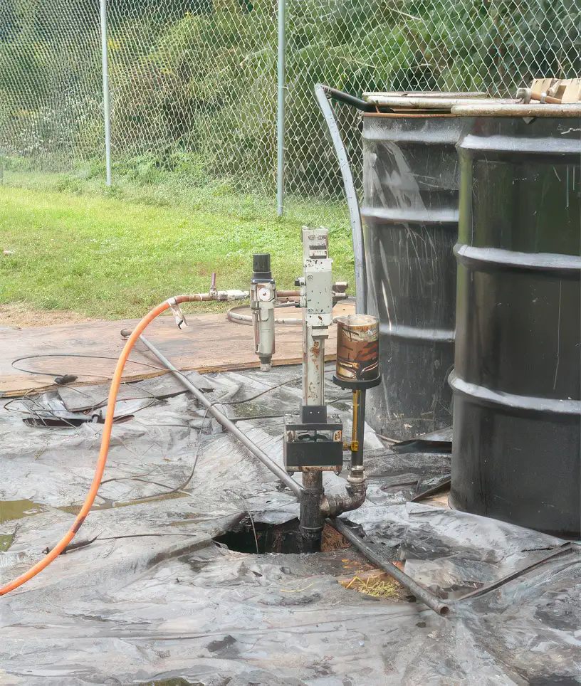 A close-up view of a drilling rig in operation at an oil site highlights the equipment, including a top-head drive pump over a well, a large black storage tank, hoses, and cables. The setup is placed on a plastic tarp with grass and a chain-link fence visible in the background.