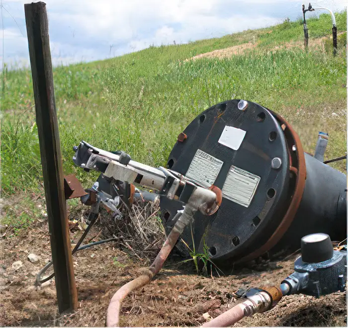 A large cylindrical top-head drive pump lies on its side in an open grassy area. Several pipes extend from the pump, which seems to be disconnected from its original setup. A wooden stake and additional piping are visible nearby. The sky is partly cloudy.